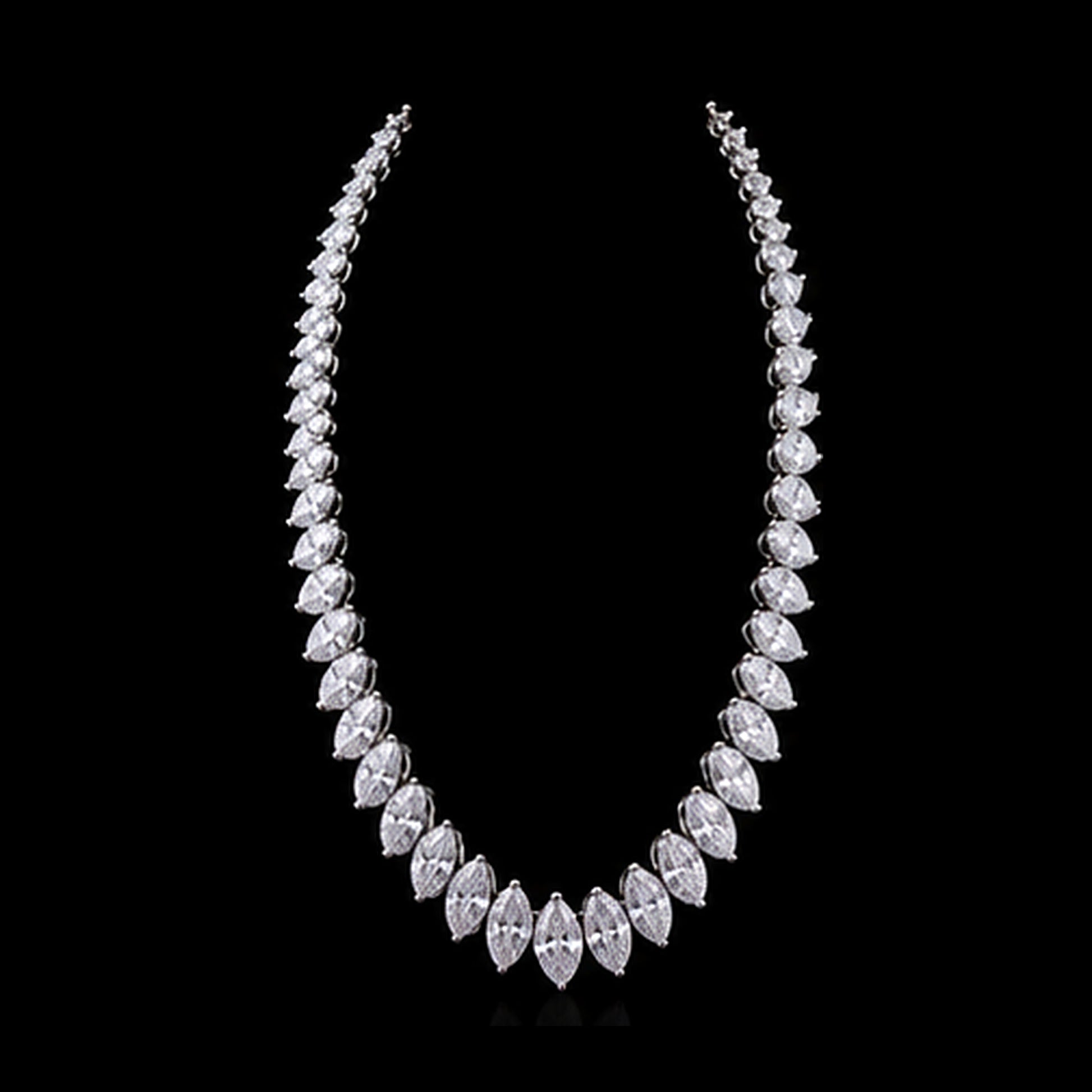1Luxury graduated marquise-cut diamond tennis necklace design render on a black background