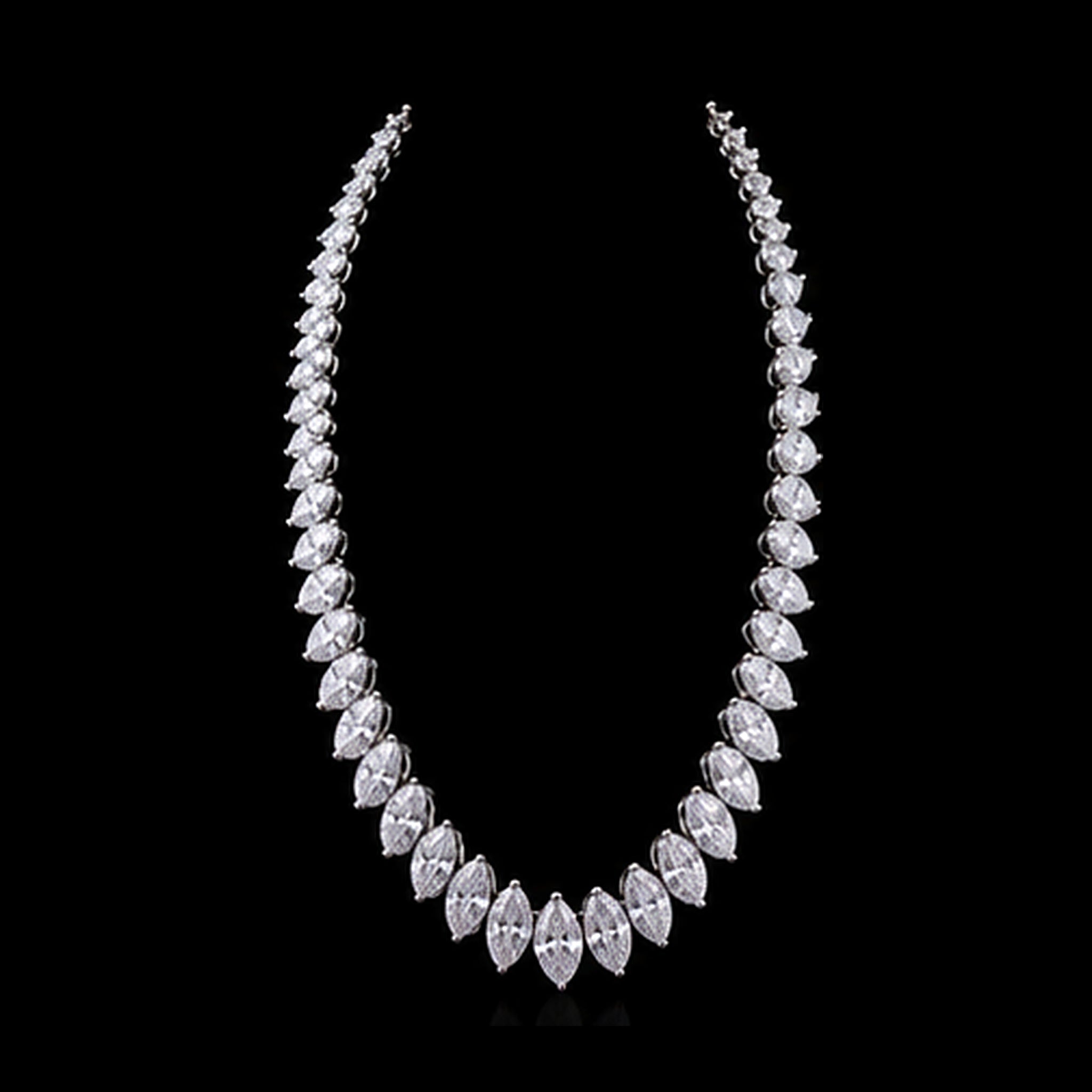 1Luxury graduated marquise-cut diamond tennis necklace design render on a black background
