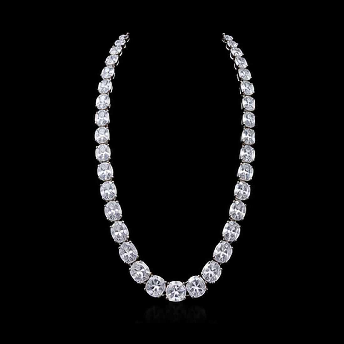 1Luxury graduated oval-cut diamond tennis necklace design render on a black background