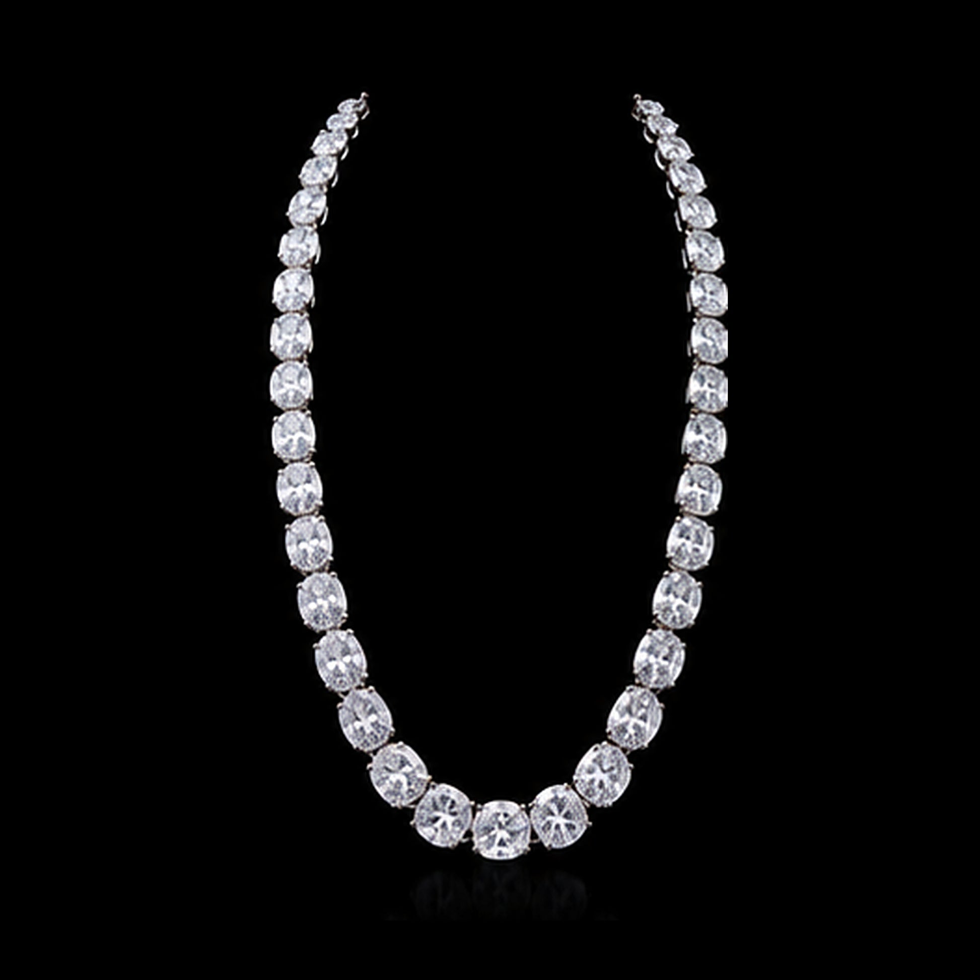 1Luxury graduated oval-cut diamond tennis necklace design render on a black background