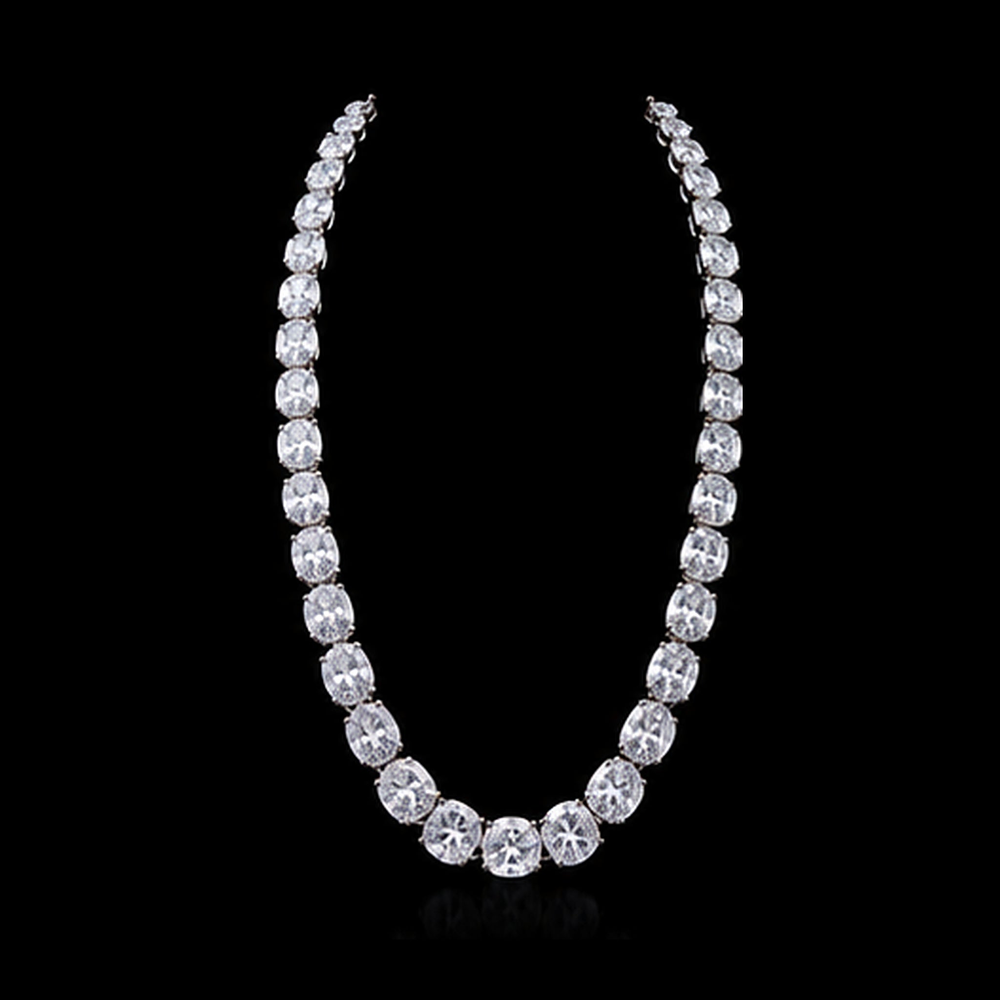 1Luxury graduated oval-cut diamond tennis necklace design render on a black background