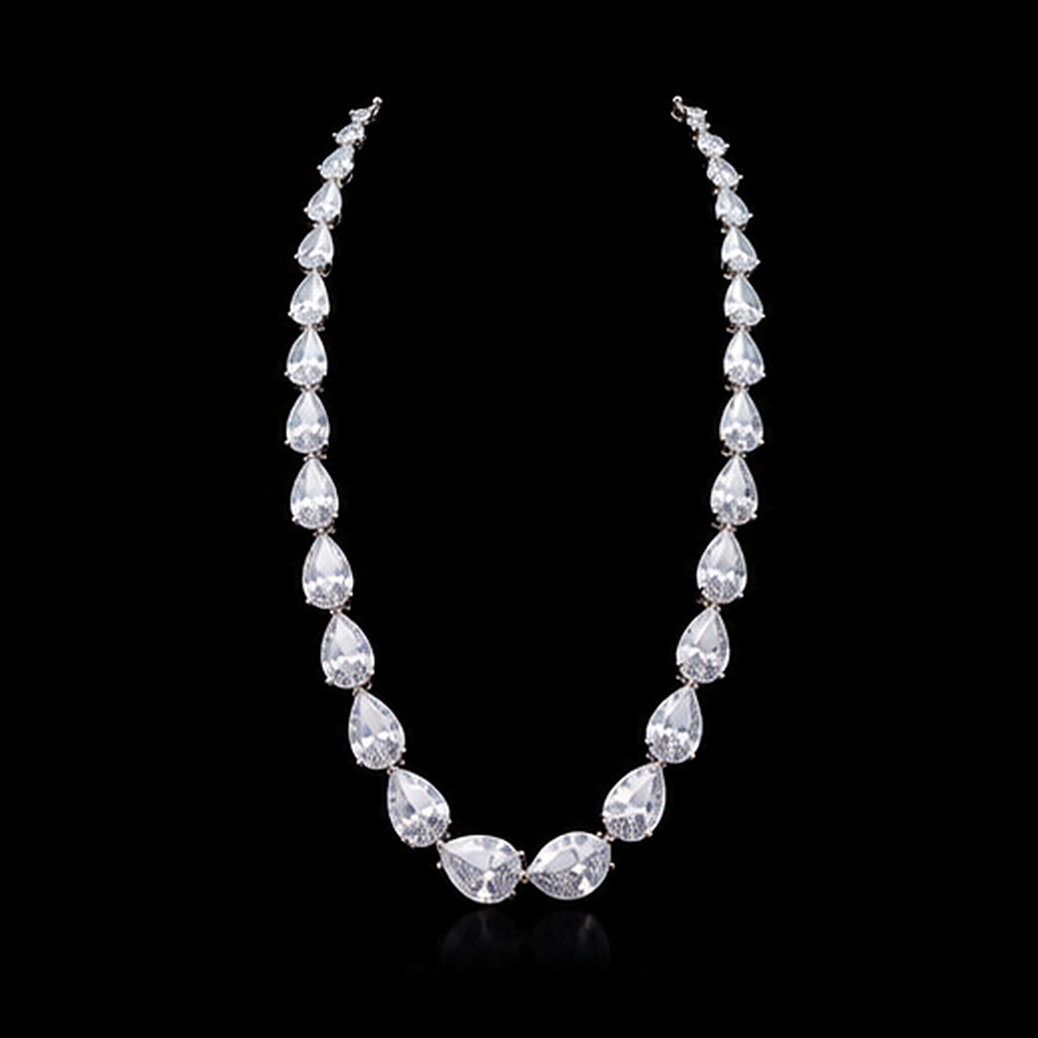 1Luxury graduated pear-cut diamond tennis necklace design render on a black background