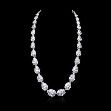1Luxury graduated pear-cut diamond tennis necklace design render on a black background