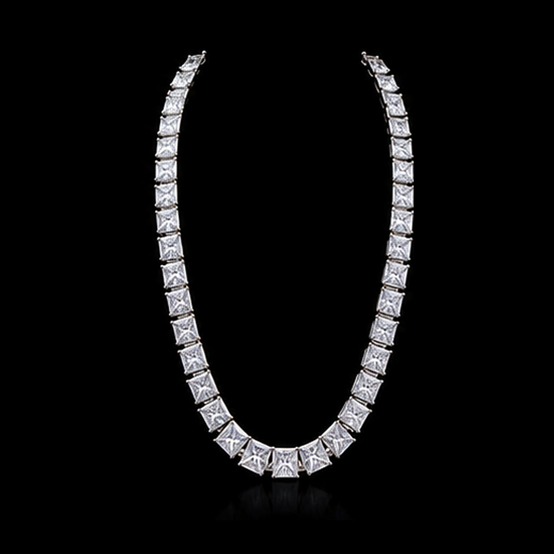 1Luxury graduated princess-cut diamond tennis necklace design render on a black background