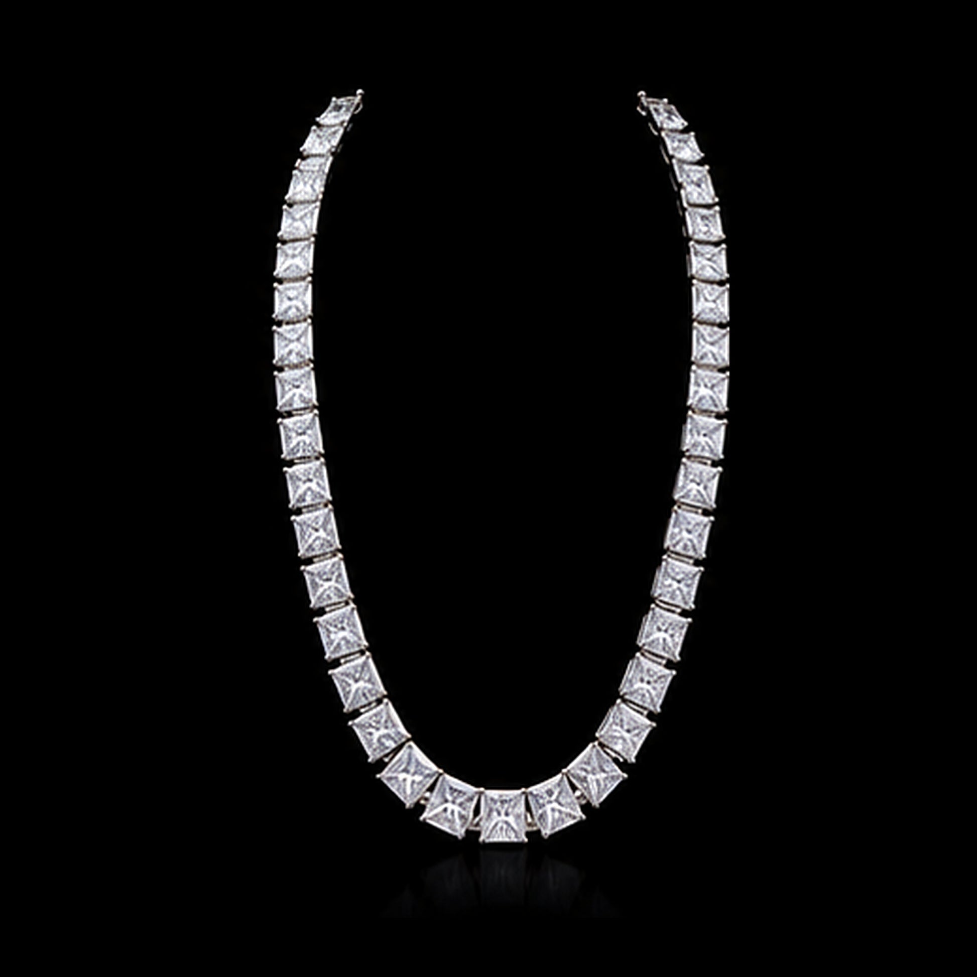 1Luxury graduated princess-cut diamond tennis necklace design render on a black background