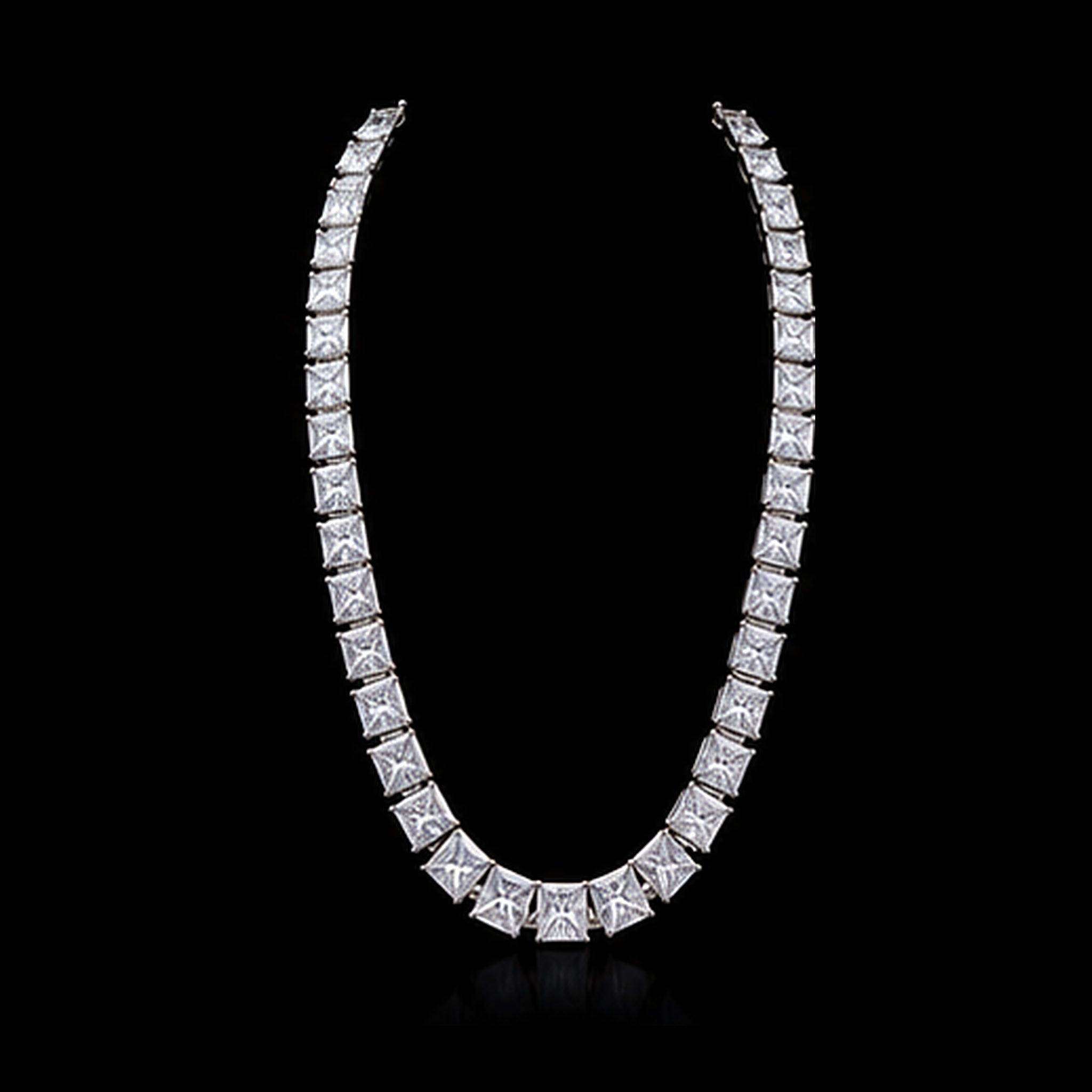 1Luxury graduated princess-cut diamond tennis necklace design render on a black background
