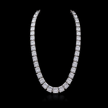 1Luxury graduated princess-cut diamond tennis necklace design render on a black background
