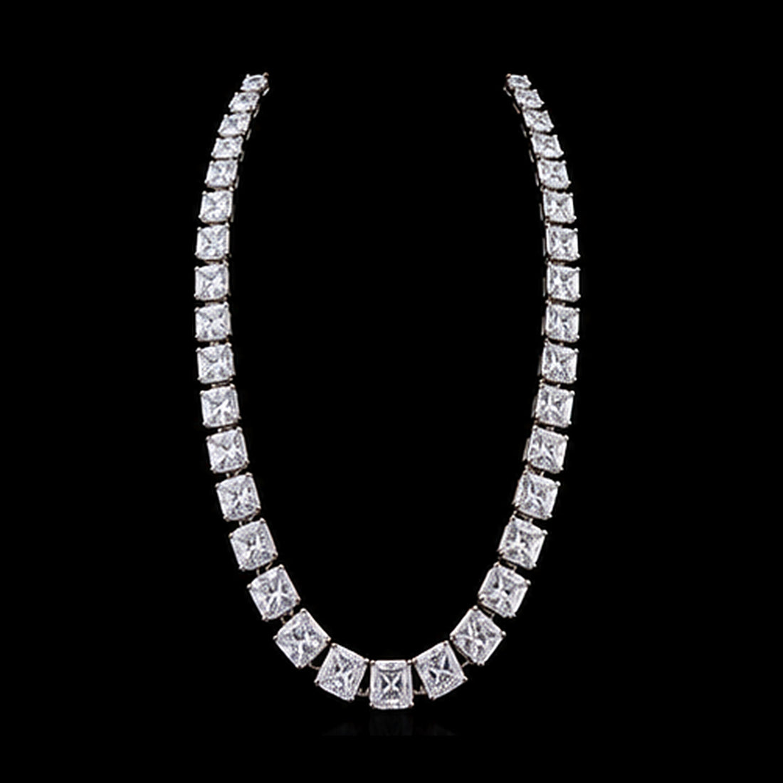 1Luxury graduated radiant-cut diamond tennis necklace design render on a black background