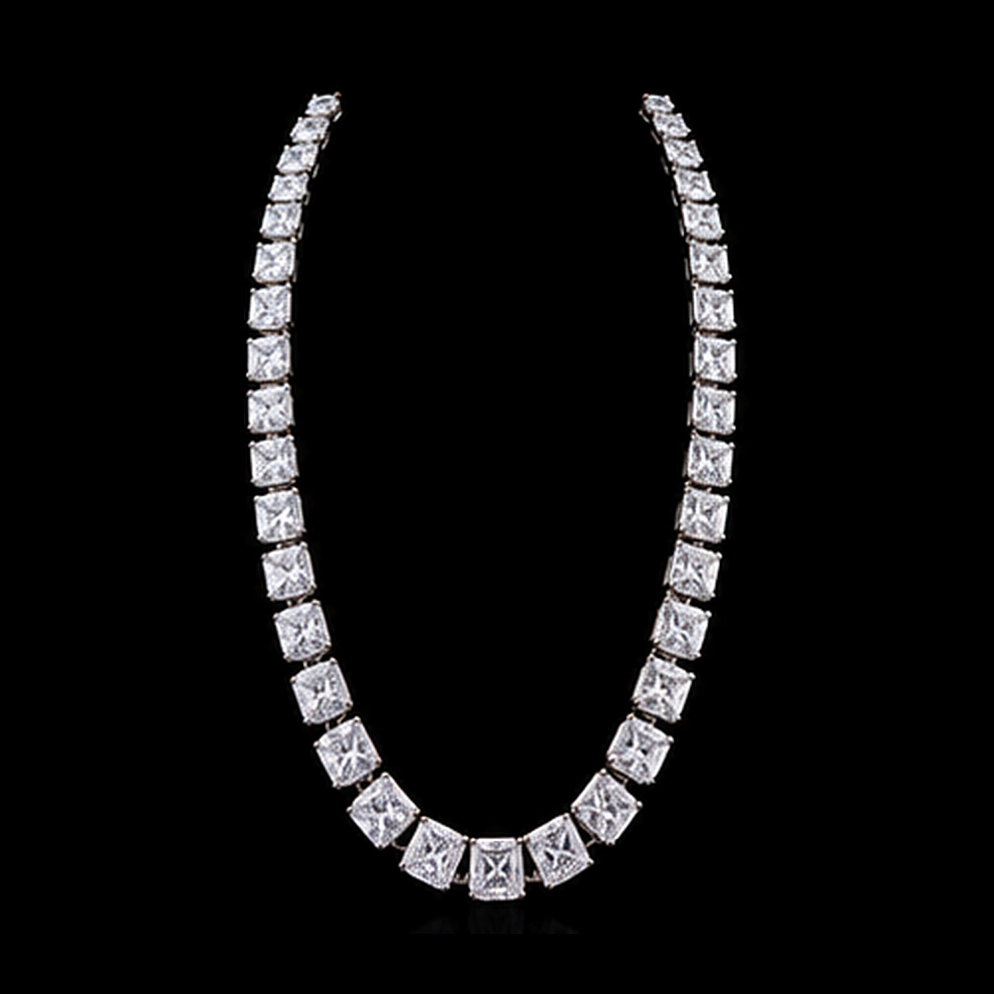 1Luxury graduated radiant-cut diamond tennis necklace design render on a black background