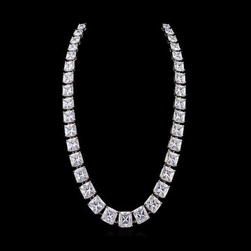1Luxury graduated radiant-cut diamond tennis necklace design render on a black background
