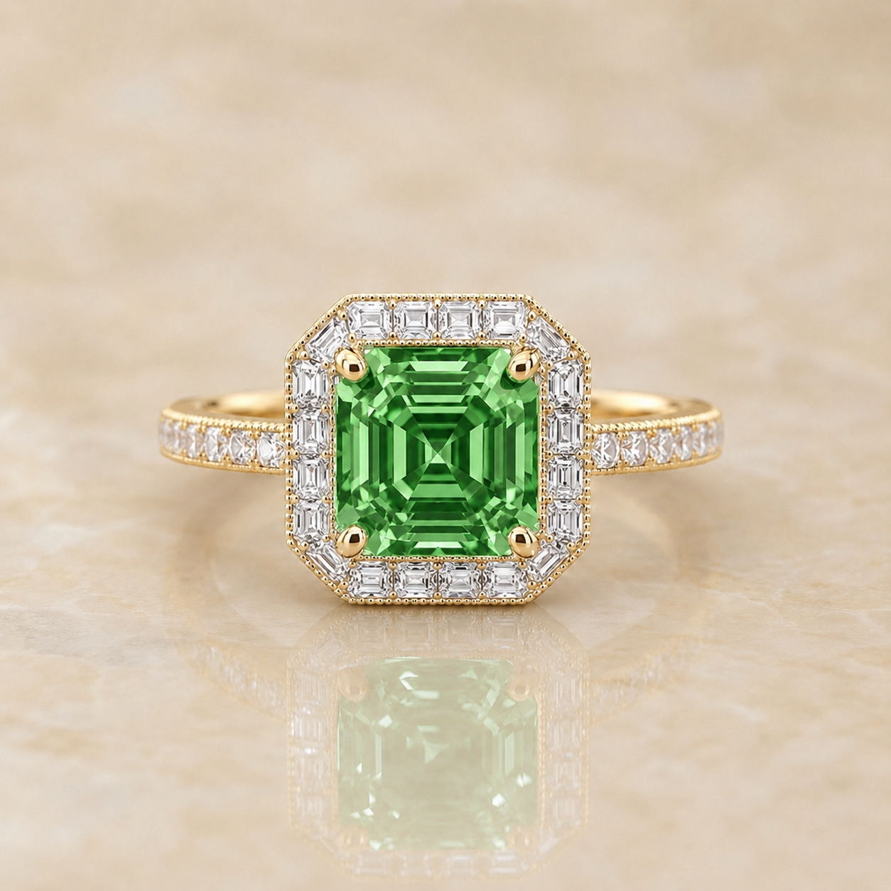 Green Asscher-cut lab-grown diamond Art Deco halo engagement ring in 14K yellow gold