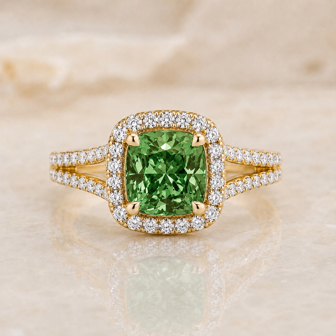 Green cushion lab-grown diamond split-shank halo engagement ring in 14K yellow gold