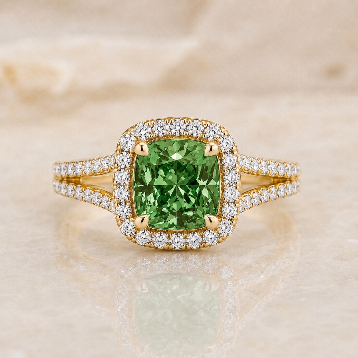 Green cushion lab-grown diamond split-shank halo engagement ring in 14K yellow gold