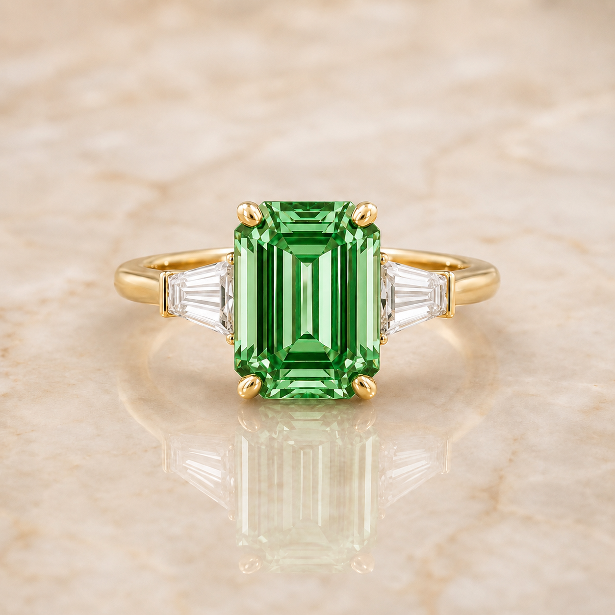 Green emerald-cut lab-grown diamond three-stone engagement ring in 14K yellow gold