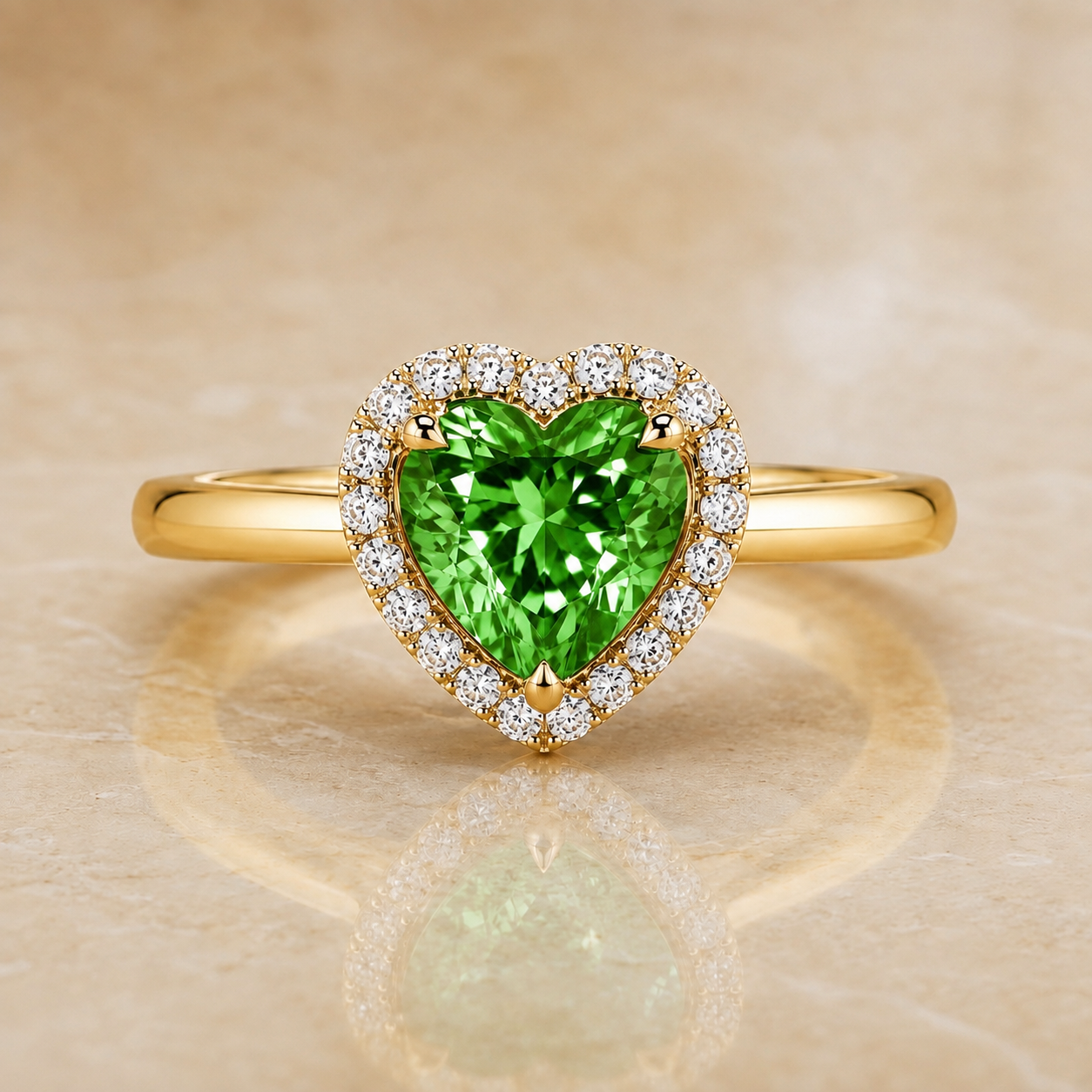 Green heart-shaped lab-grown diamond halo engagement ring in 14K yellow gold