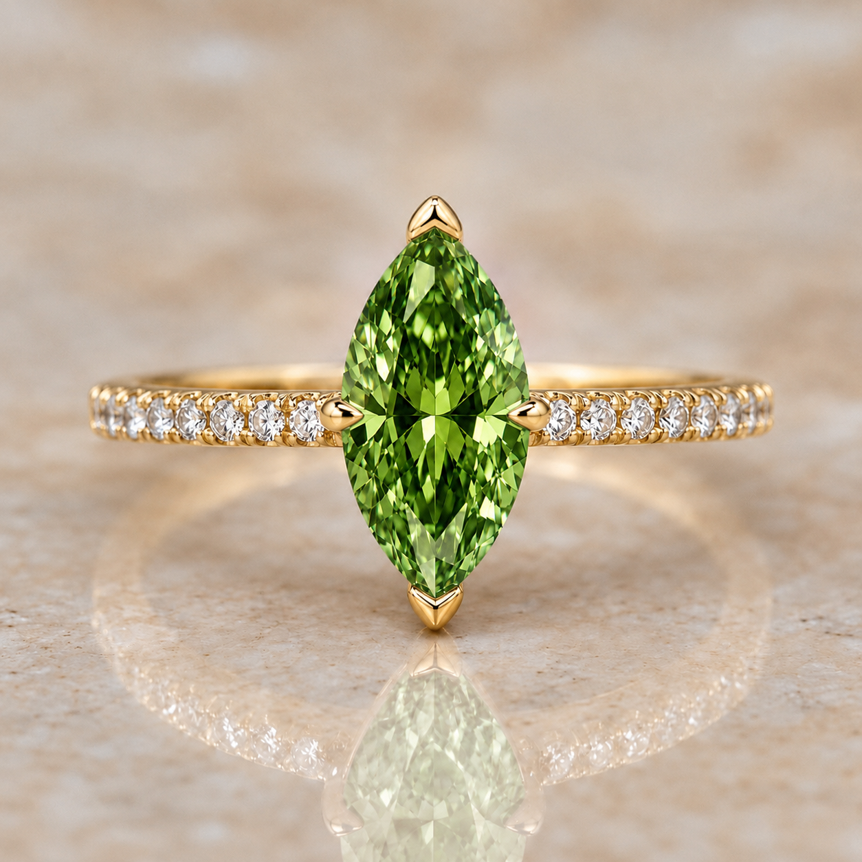 Green marquise lab-grown diamond pavé engagement ring in 14K yellow gold