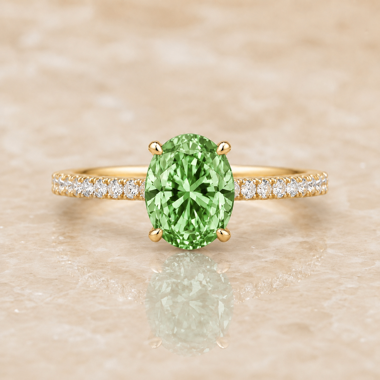 Green oval lab-grown diamond pavé engagement ring in 14K yellow gold