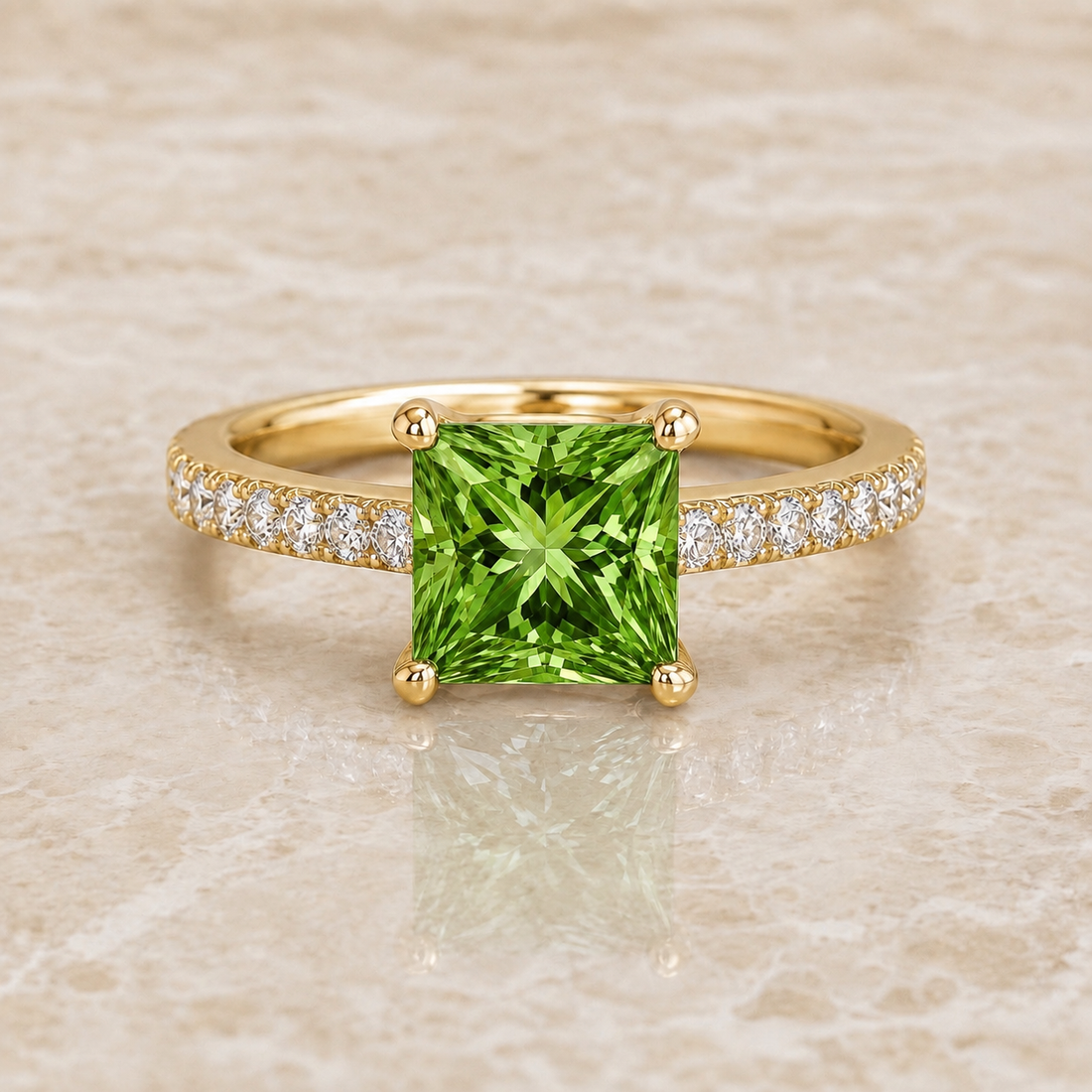Green princess-cut lab-grown diamond pavé engagement ring in 14K yellow gold