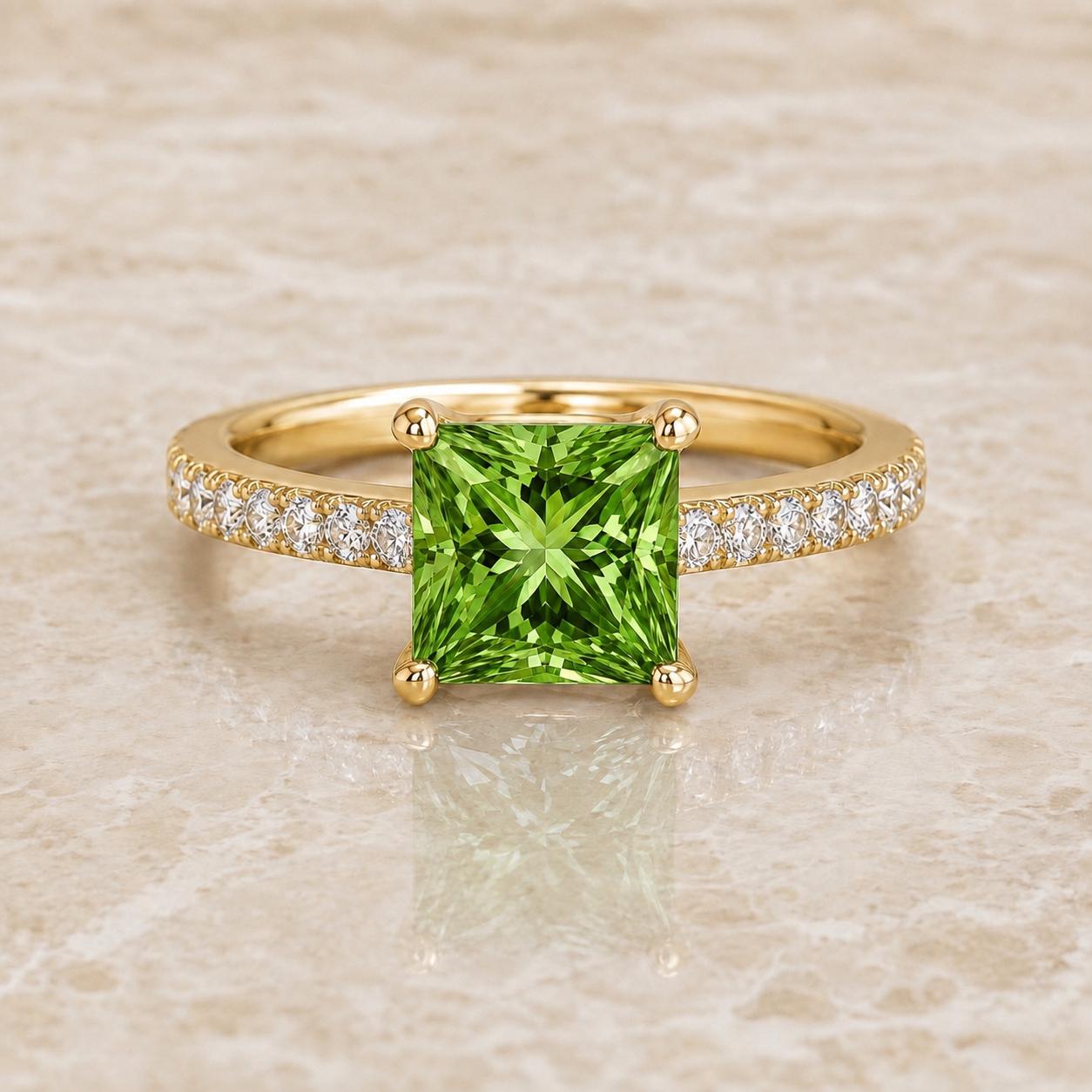 Green princess-cut lab-grown diamond pavé engagement ring in 14K yellow gold
