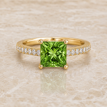 Green princess-cut lab-grown diamond pavé engagement ring in 14K yellow gold