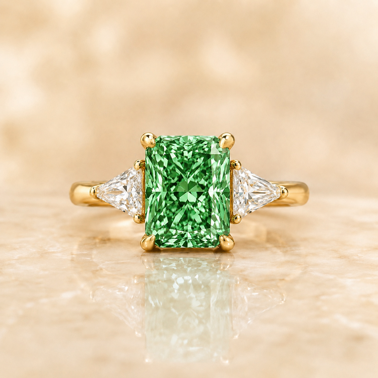 Green radiant-cut lab-grown diamond three-stone engagement ring in 14K yellow gold