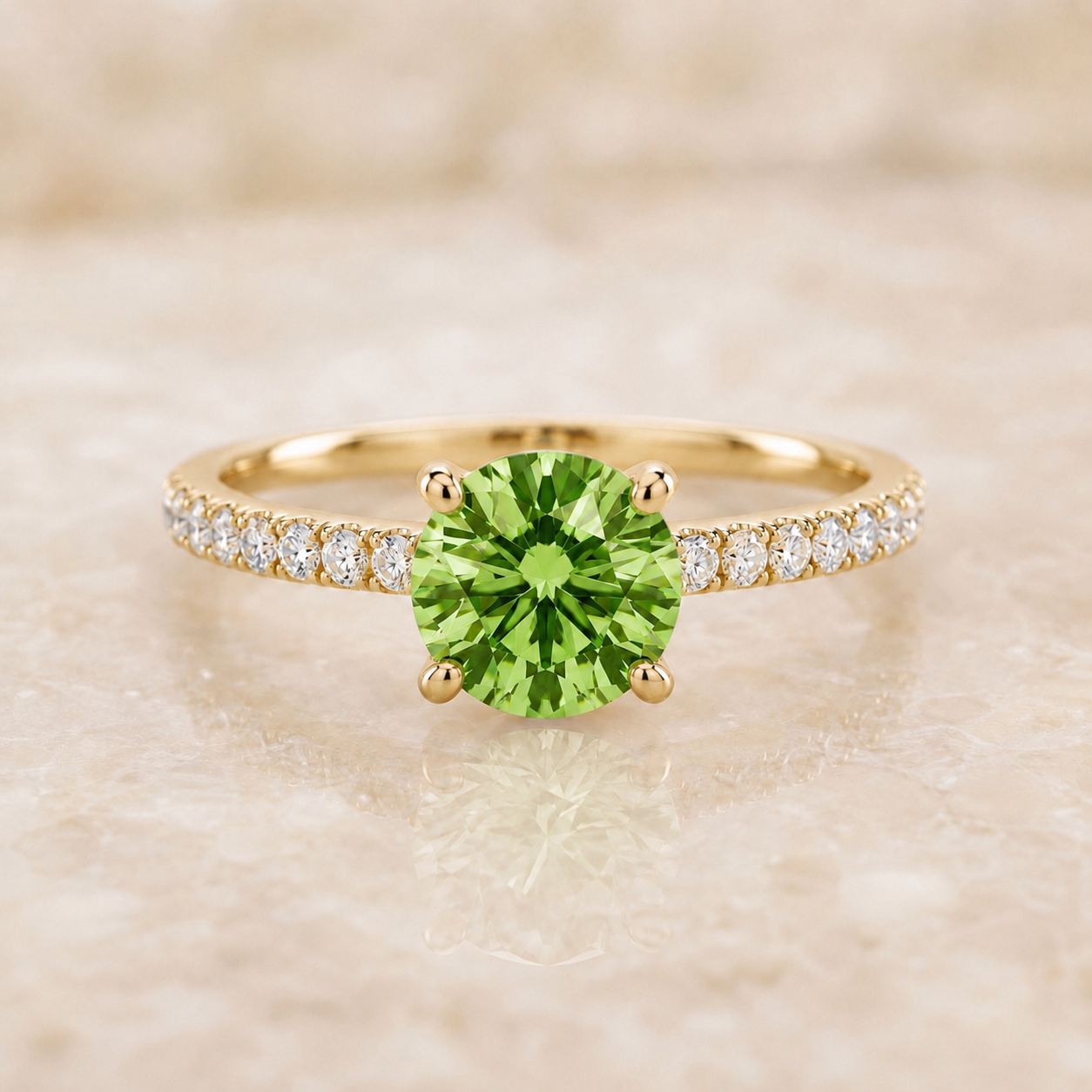 Green round lab-grown diamond pavé engagement ring in 14K yellow gold