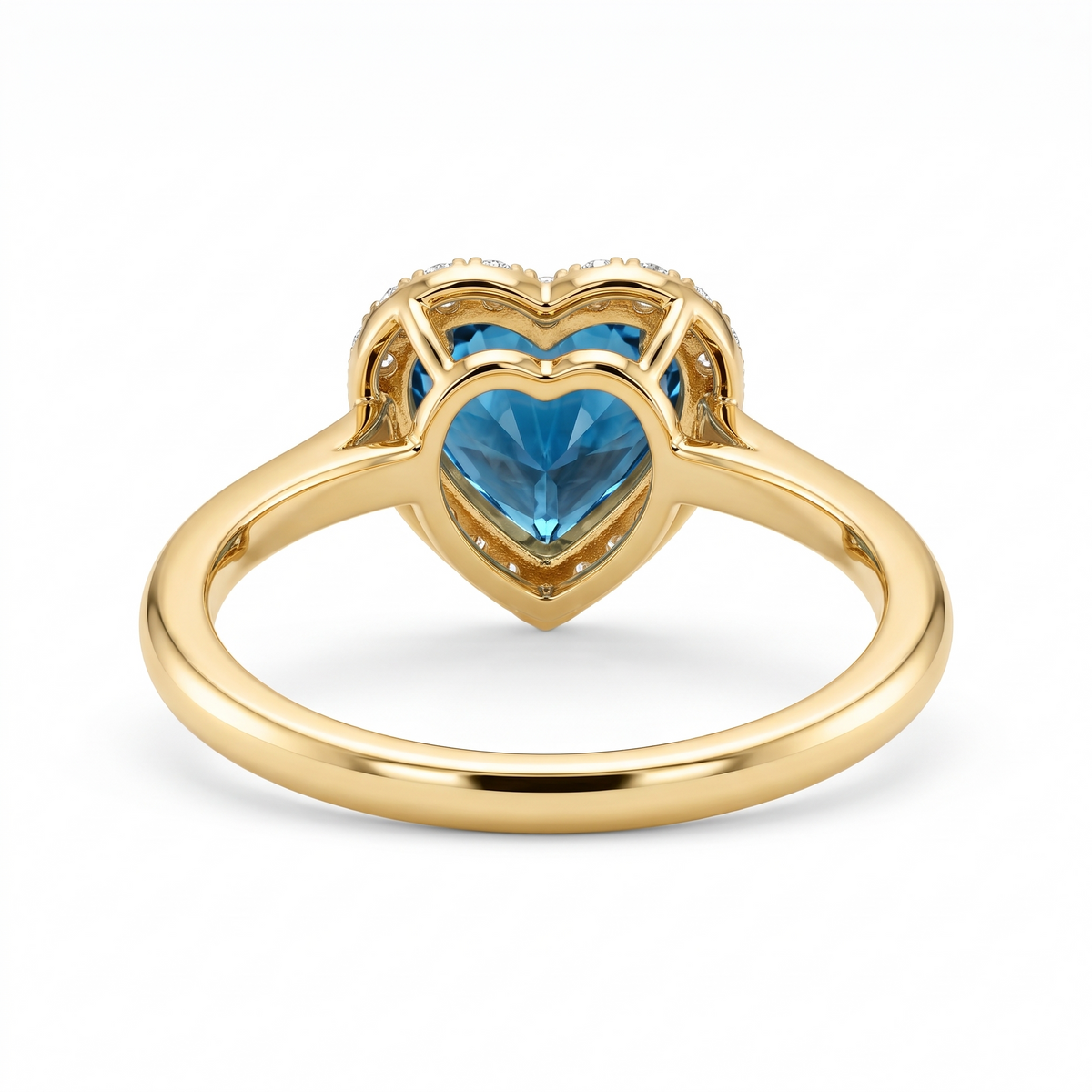 Blue Heart-Shaped Lab-Grown Diamond Halo Engagement Ring side and rear construction view on white background