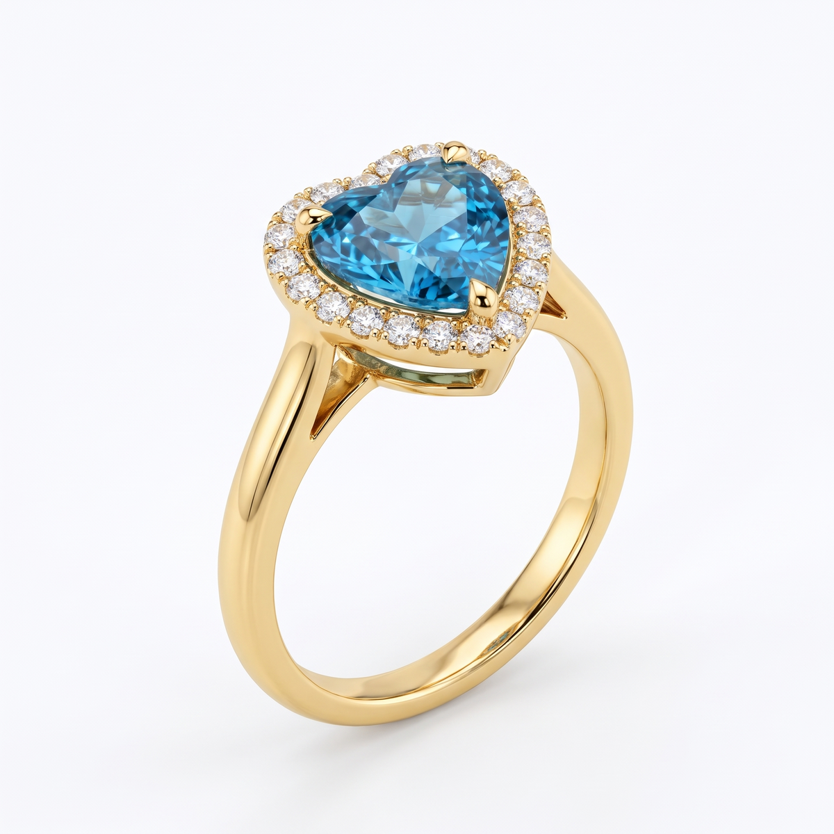 Blue Heart-Shaped Lab-Grown Diamond Halo Engagement Ring three-quarter catalog view on white background