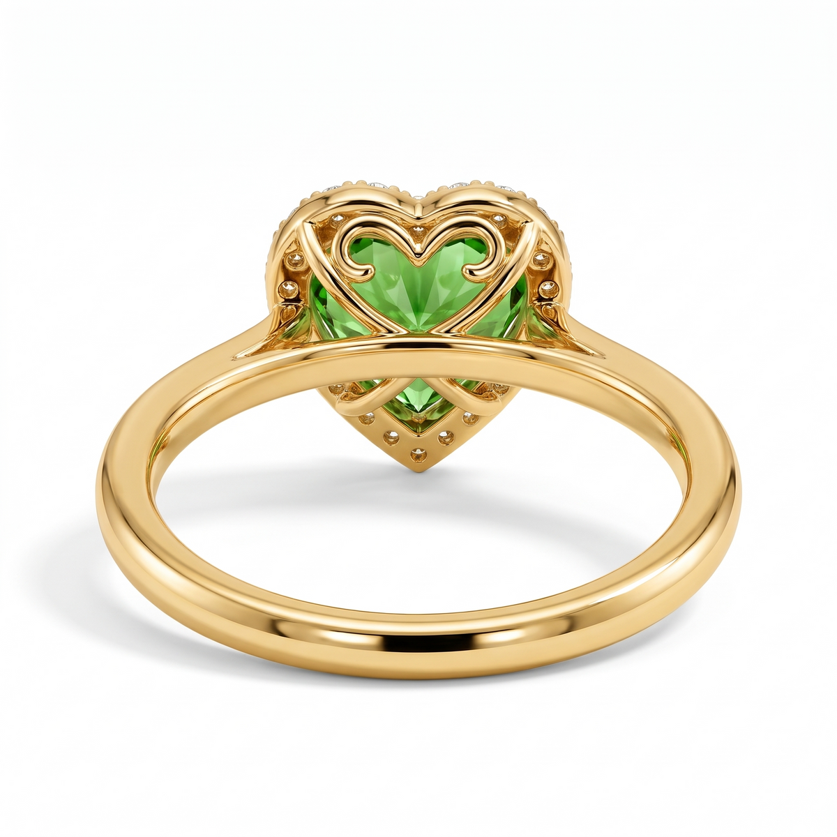 Green Heart-Shaped Lab-Grown Diamond Halo Engagement Ring side and rear construction view on white background