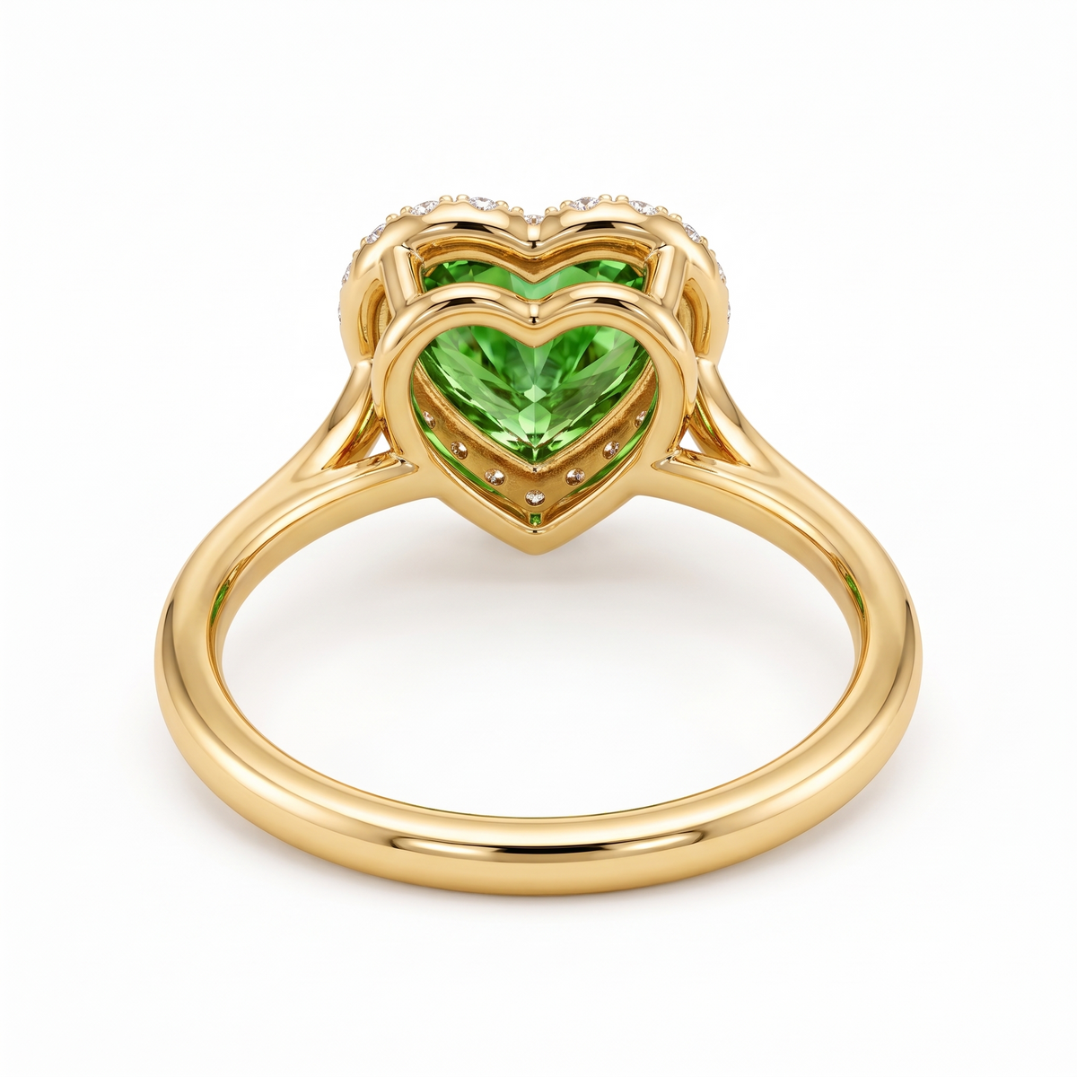Green Heart-Shaped Lab-Grown Diamond Halo Engagement Ring three-quarter catalog view on white background