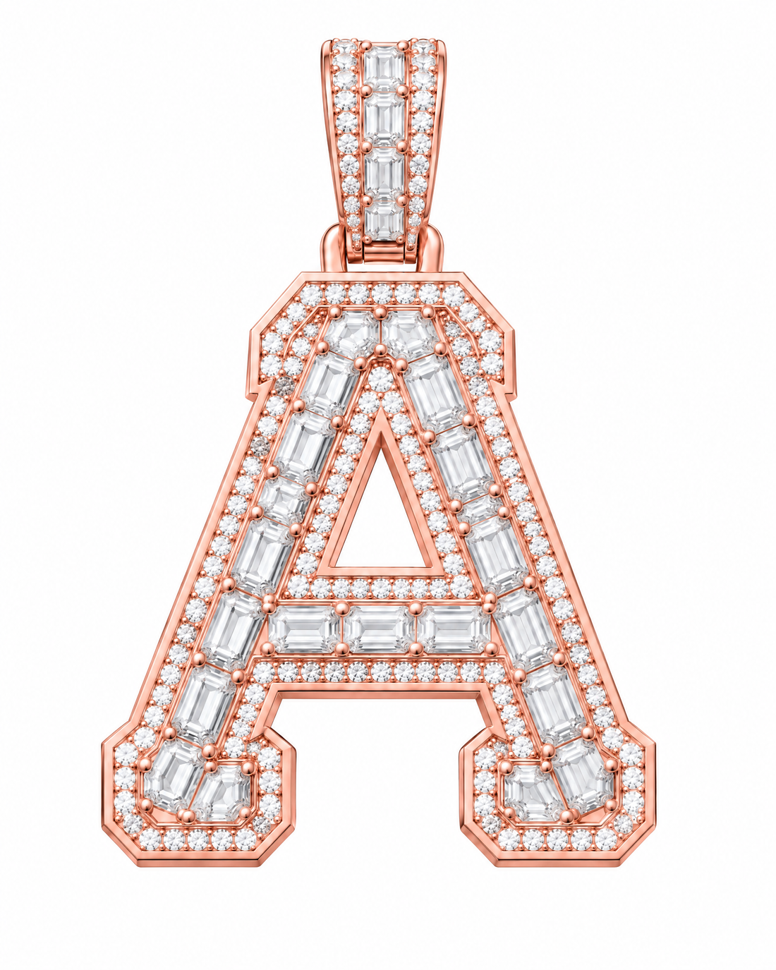 AI design render: letter A lab-grown diamond pendant in rose gold, with emerald-cut centers, round diamond borders and diamond-set bail.