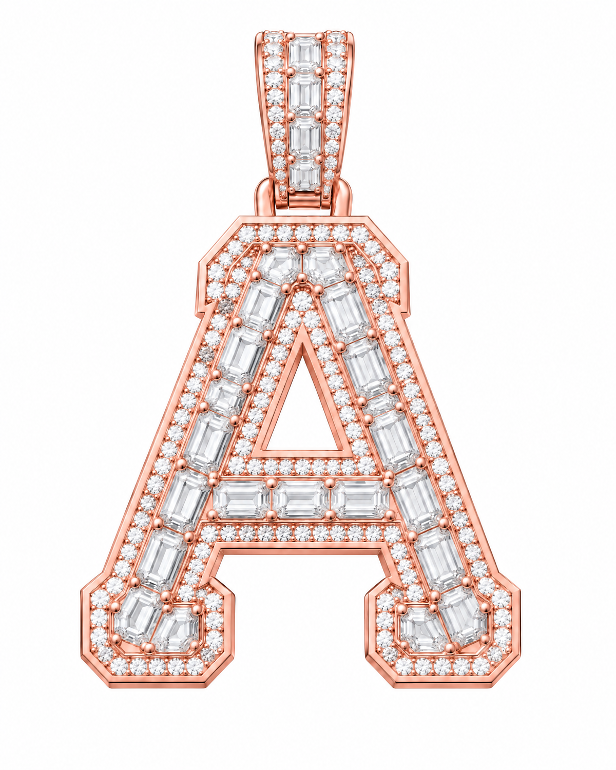 AI design render: letter A lab-grown diamond pendant in rose gold, with emerald-cut centers, round diamond borders and diamond-set bail.