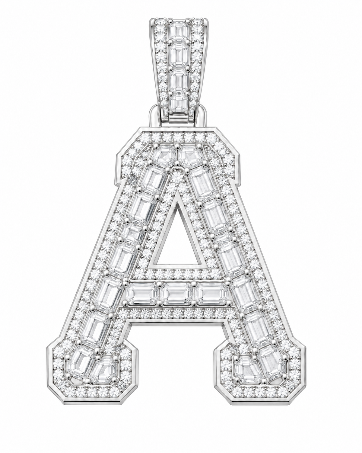 AI design render: letter A lab-grown diamond pendant in white gold, with emerald-cut centers, round diamond borders and diamond-set bail.