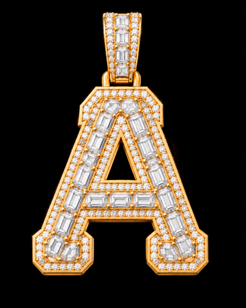 AI design render of letter A pendant in yellow gold with emerald-cut diamond centers, round diamond borders and a diamond-set bail.