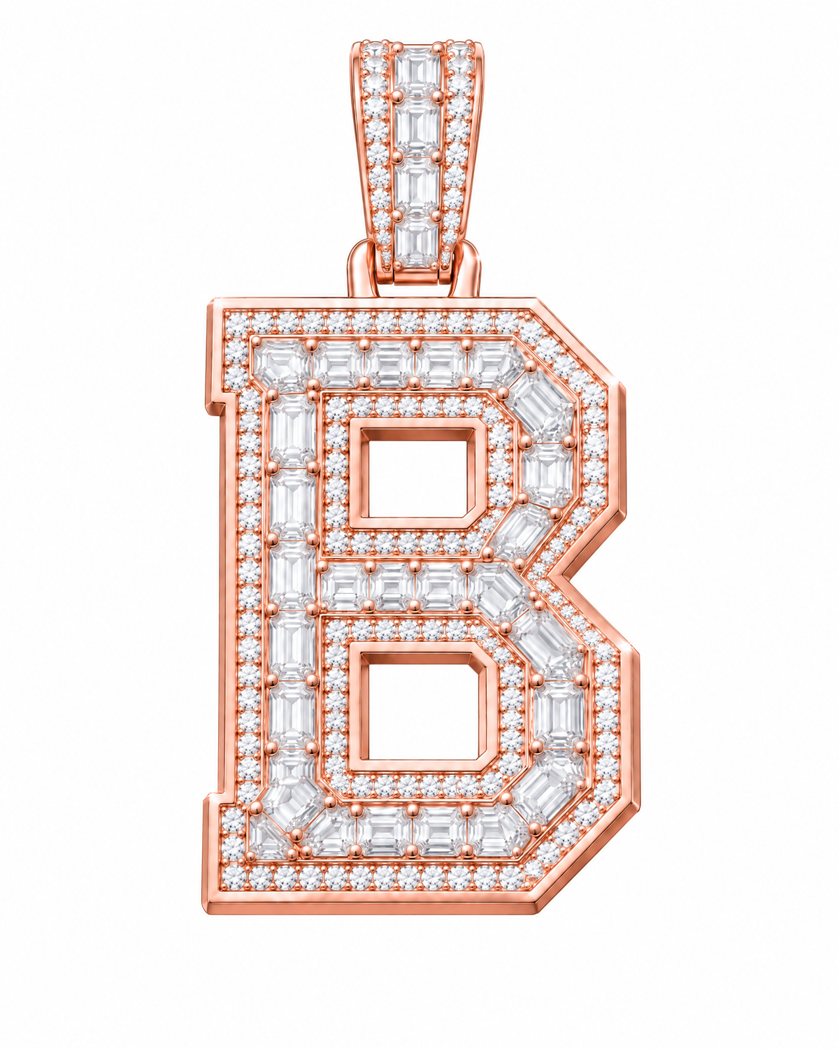 AI design render: letter B lab-grown diamond pendant in rose gold, with emerald-cut centers, round diamond borders and diamond-set bail.