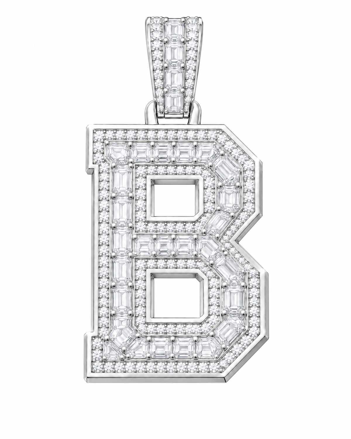 AI design render: letter B lab-grown diamond pendant in white gold, with emerald-cut centers, round diamond borders and diamond-set bail.