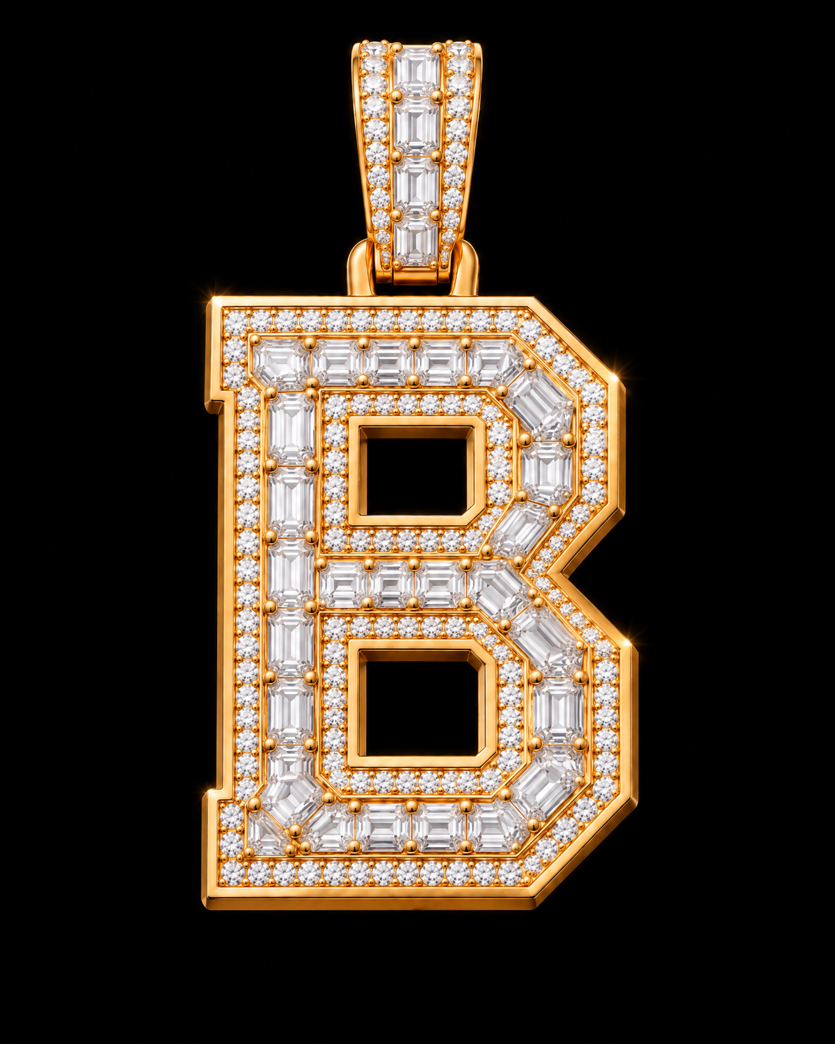 AI design render of letter B pendant in yellow gold with emerald-cut diamond centers, round diamond borders and a diamond-set bail.