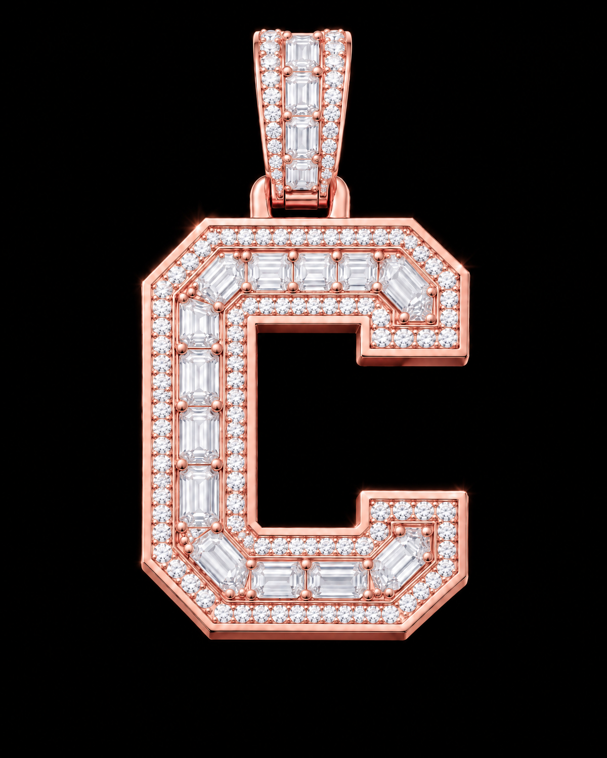 AI design render: letter C lab-grown diamond pendant in rose gold, with emerald-cut centers, round diamond borders and diamond-set bail.