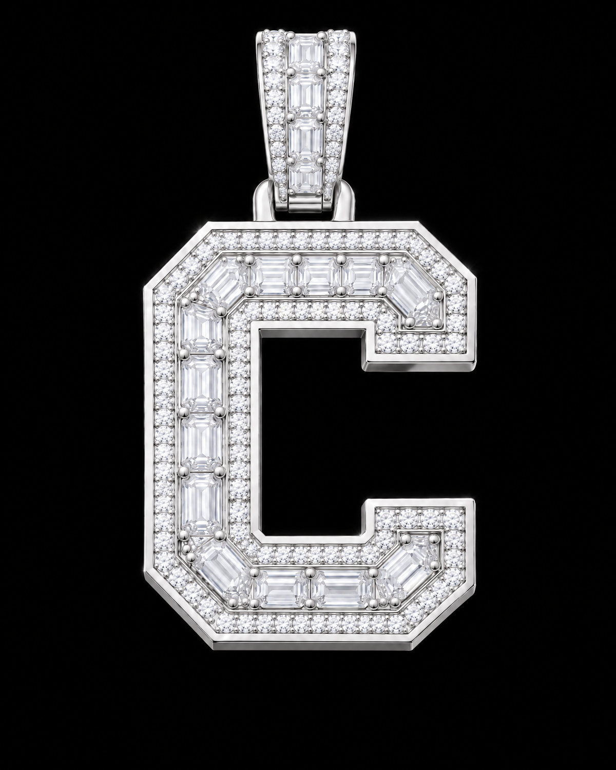 AI design render: letter C lab-grown diamond pendant in white gold, with emerald-cut centers, round diamond borders and diamond-set bail.