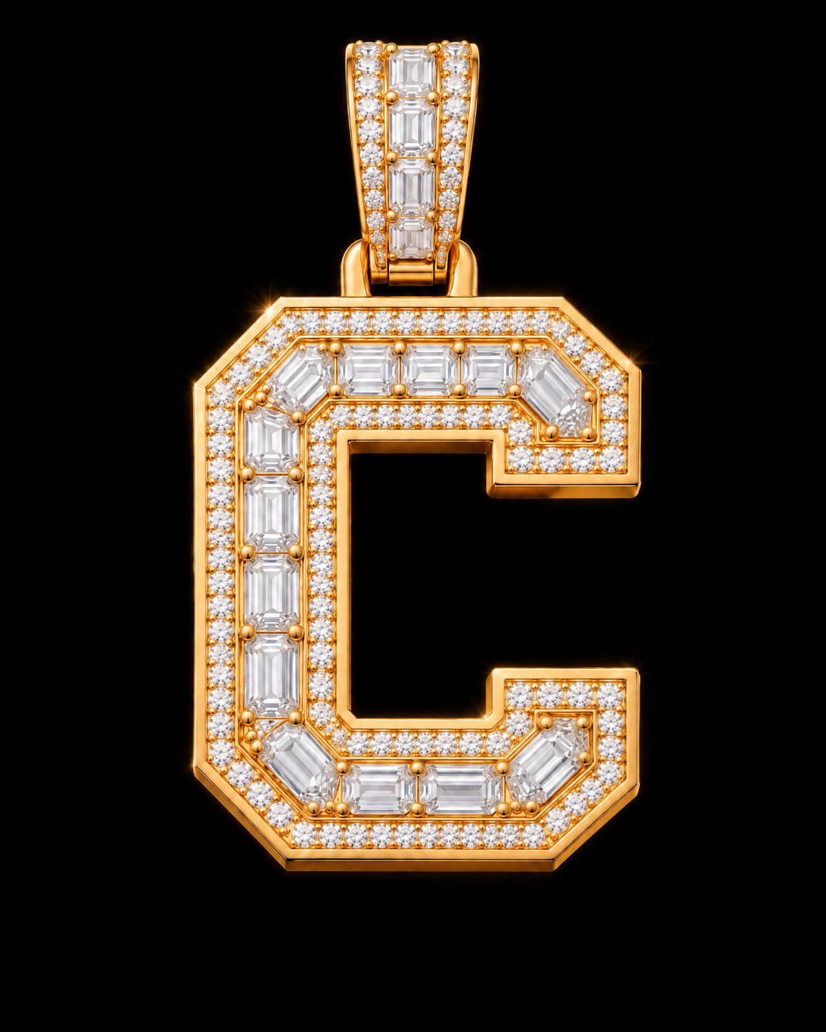 AI design render of letter C pendant in yellow gold with emerald-cut diamond centers, round diamond borders and a diamond-set bail.