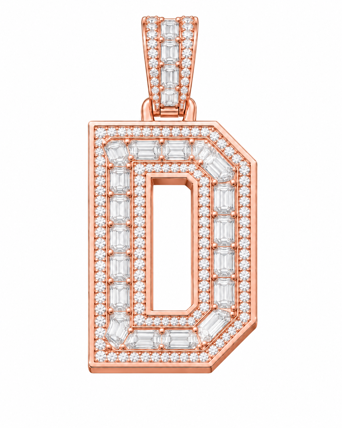 AI design render: letter D lab-grown diamond pendant in rose gold, with emerald-cut centers, round diamond borders and diamond-set bail.