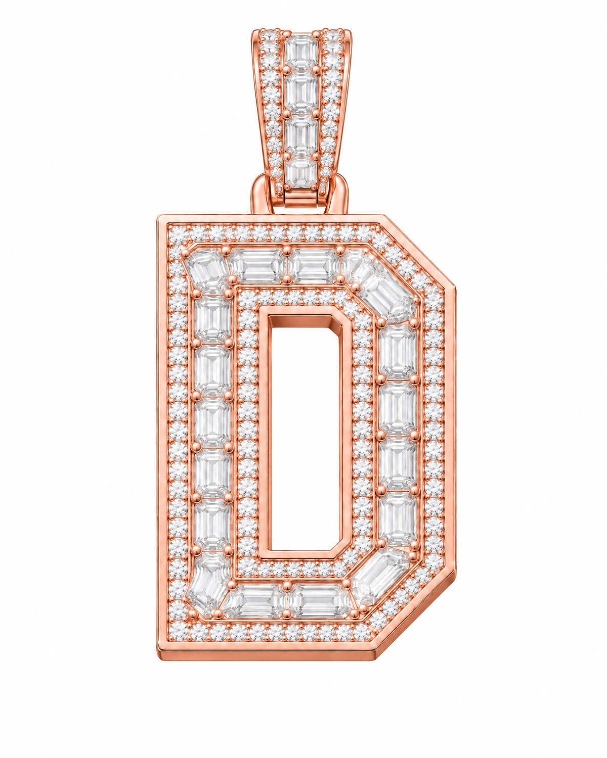AI design render: letter D lab-grown diamond pendant in rose gold, with emerald-cut centers, round diamond borders and diamond-set bail.