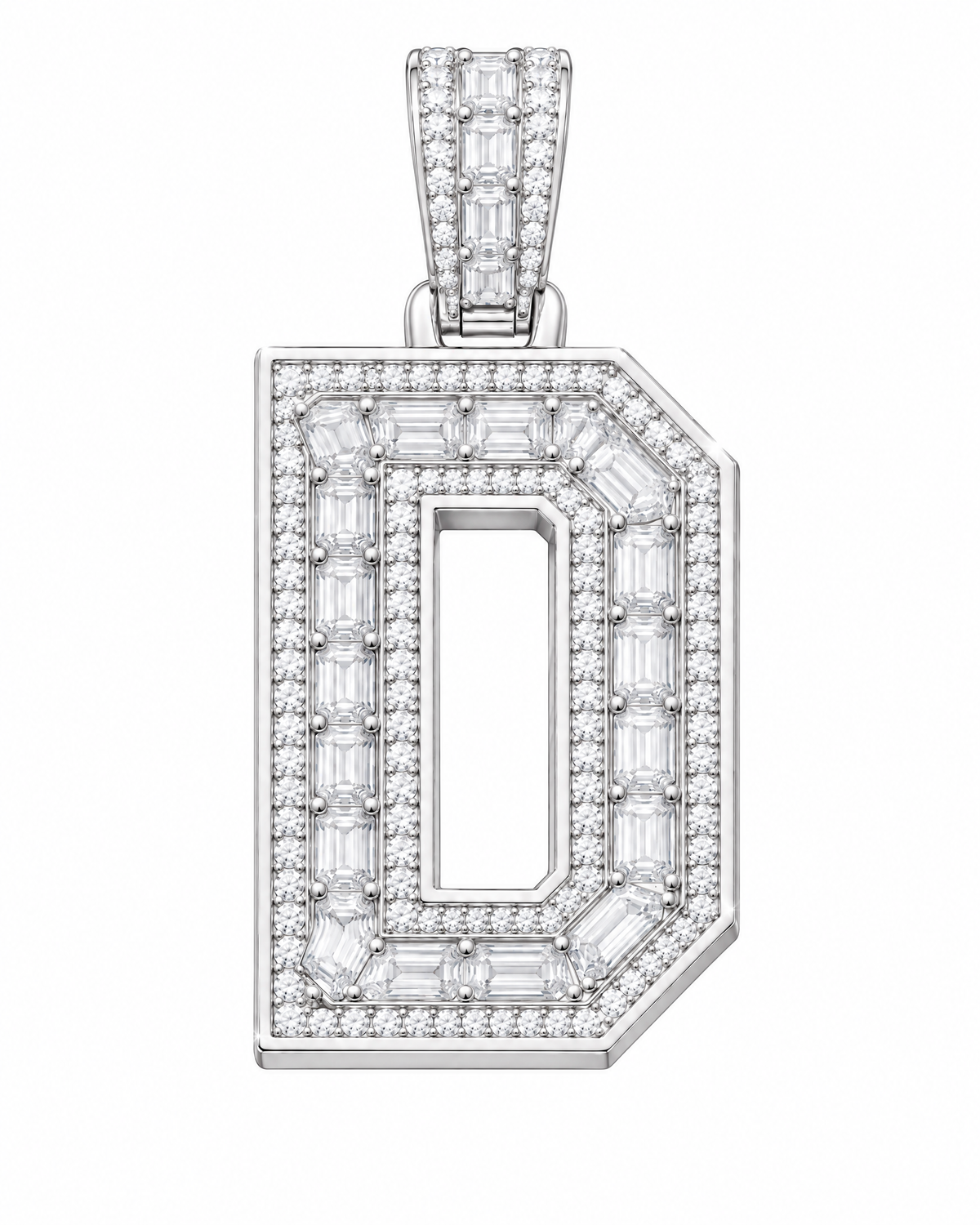 AI design render: letter D lab-grown diamond pendant in white gold, with emerald-cut centers, round diamond borders and diamond-set bail.