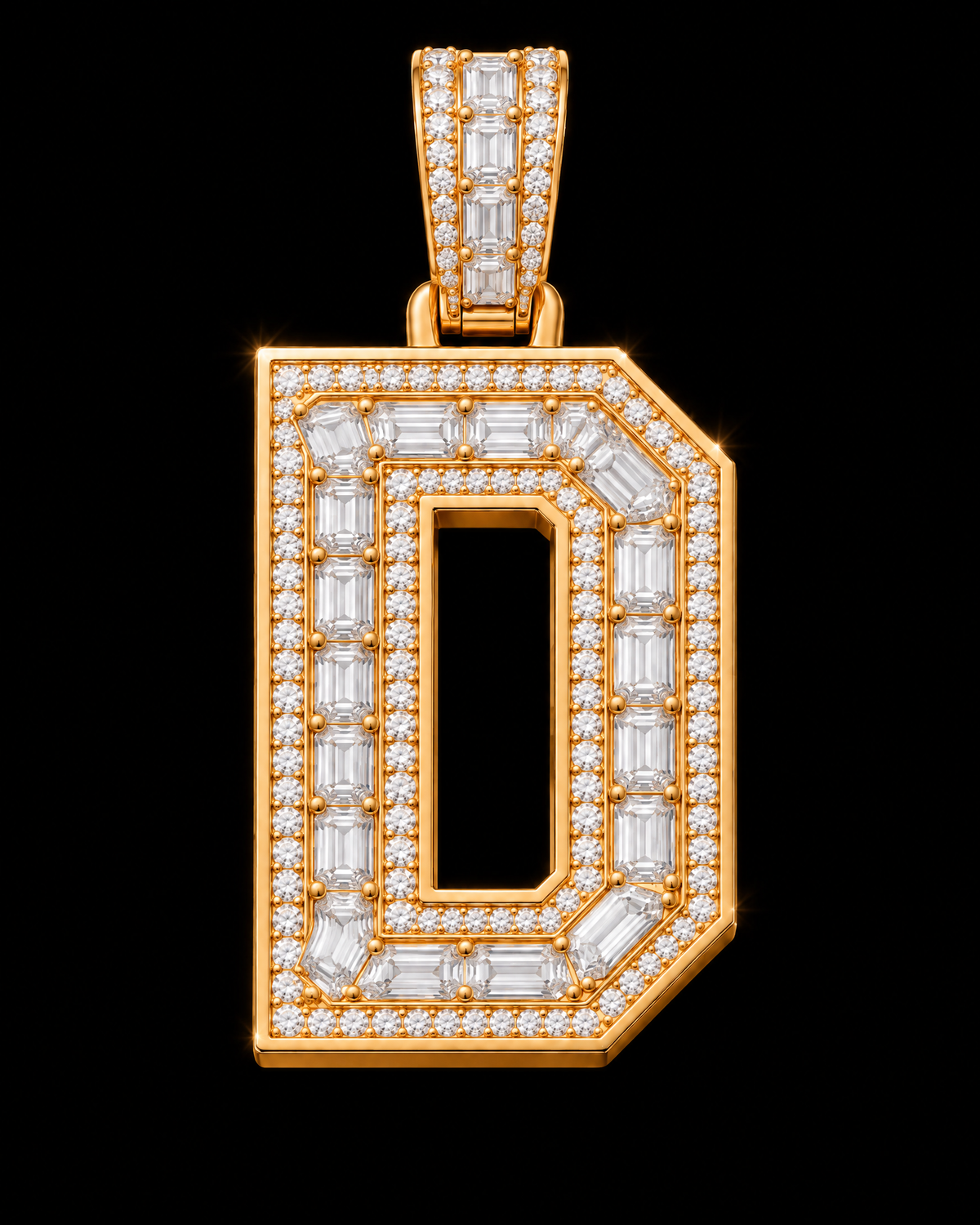 AI design render of letter D pendant in yellow gold with emerald-cut diamond centers, round diamond borders and a diamond-set bail.