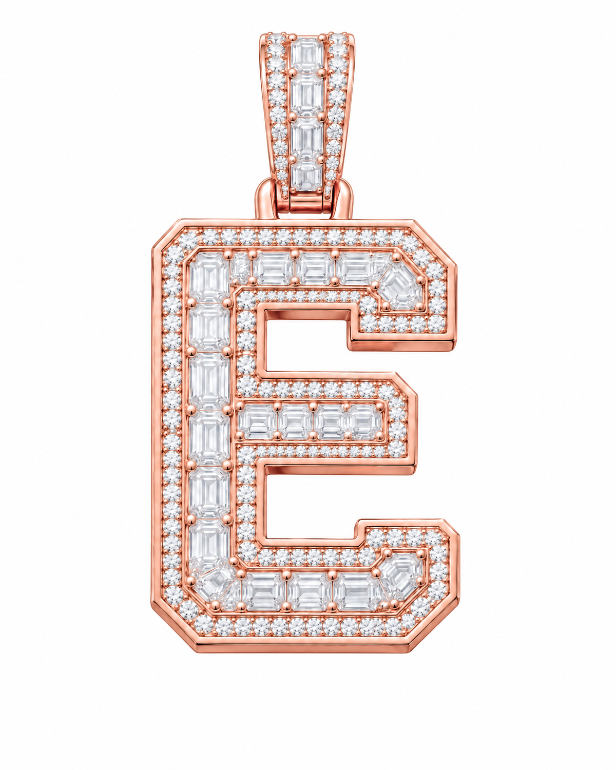 AI design render: letter E lab-grown diamond pendant in rose gold, with emerald-cut centers, round diamond borders and diamond-set bail.