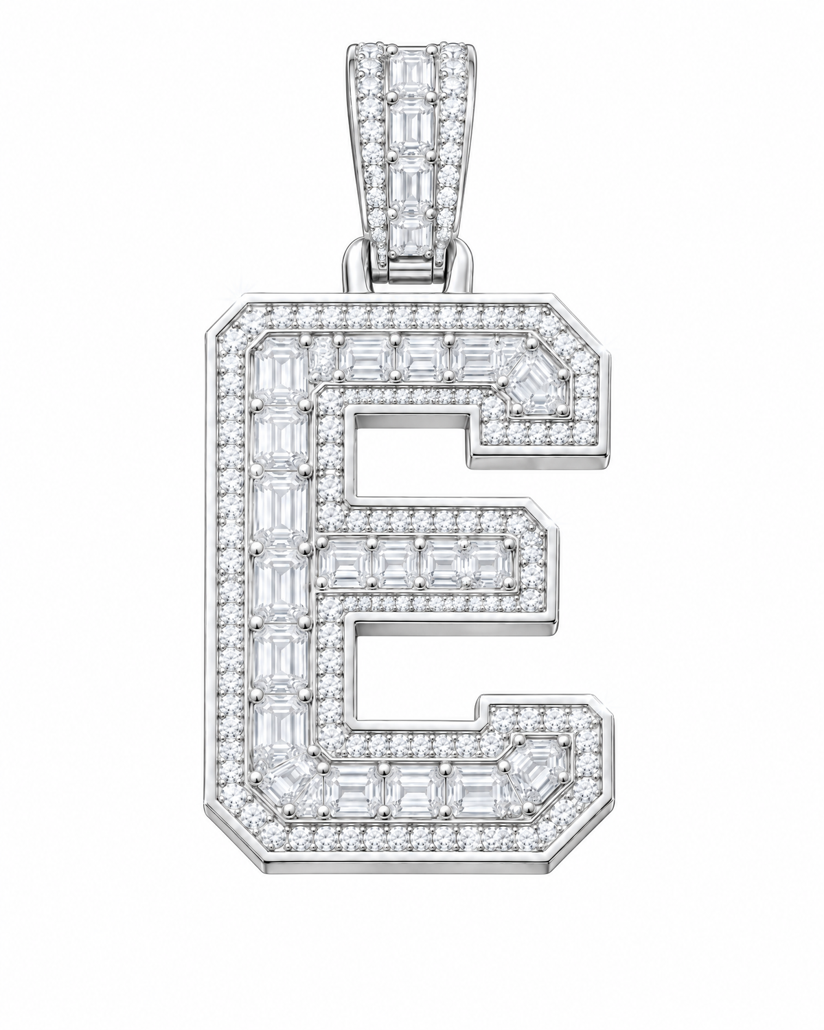 AI design render: letter E lab-grown diamond pendant in white gold, with emerald-cut centers, round diamond borders and diamond-set bail.