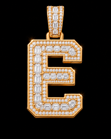 AI design render of letter E pendant in yellow gold with emerald-cut diamond centers, round diamond borders and a diamond-set bail.