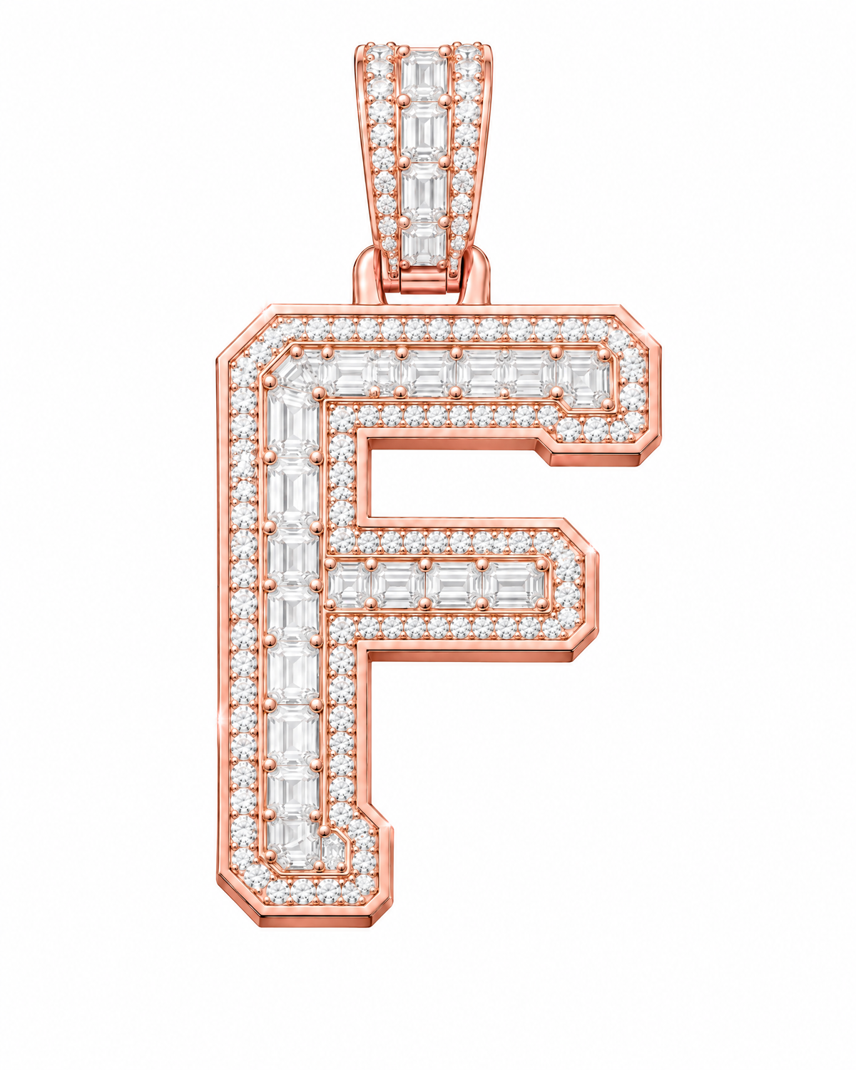 AI design render: letter F lab-grown diamond pendant in rose gold, with emerald-cut centers, round diamond borders and diamond-set bail.