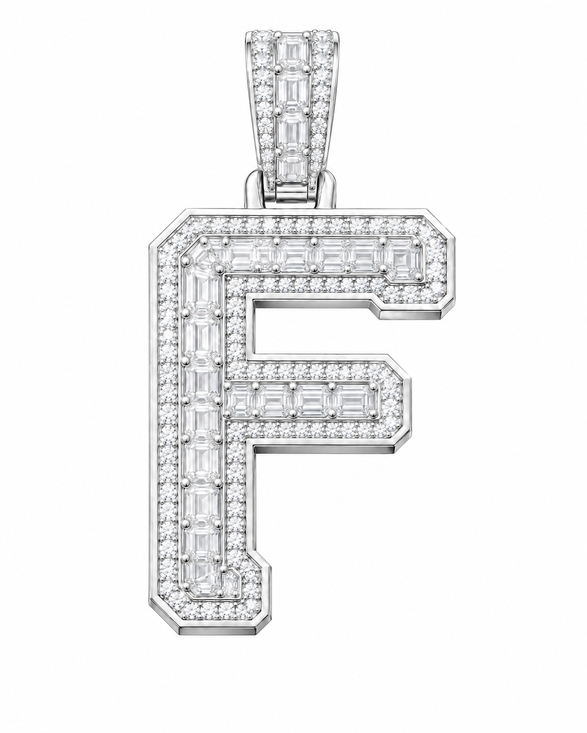 AI design render: letter F lab-grown diamond pendant in white gold, with emerald-cut centers, round diamond borders and diamond-set bail.