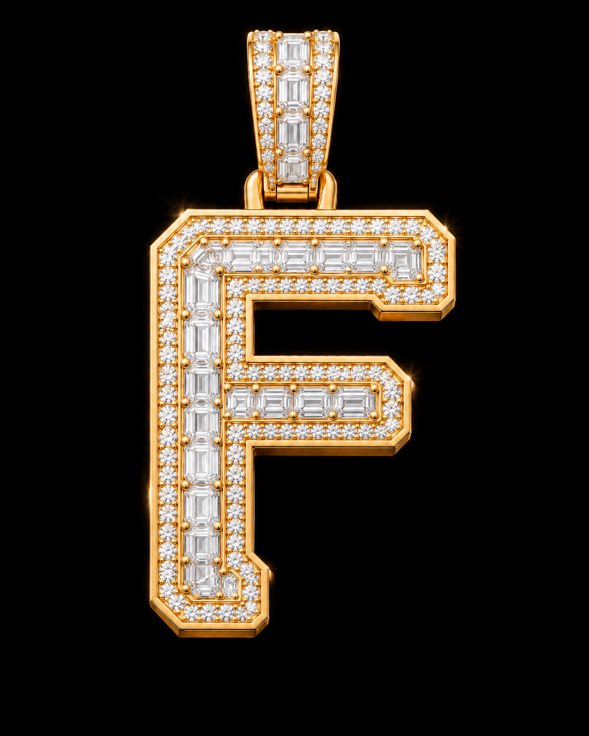AI design render of letter F pendant in yellow gold with emerald-cut diamond centers, round diamond borders and a diamond-set bail.